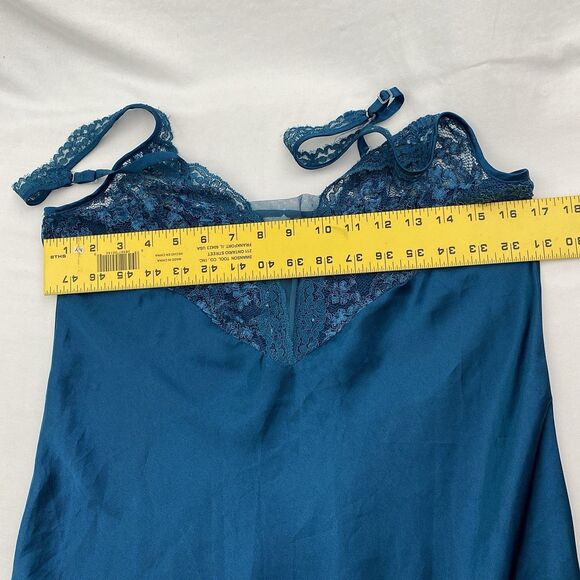 VTG Victorias Secret Long Satin Slip Dress Side Slit Lace Green Blue Large - Picture 6 of 9